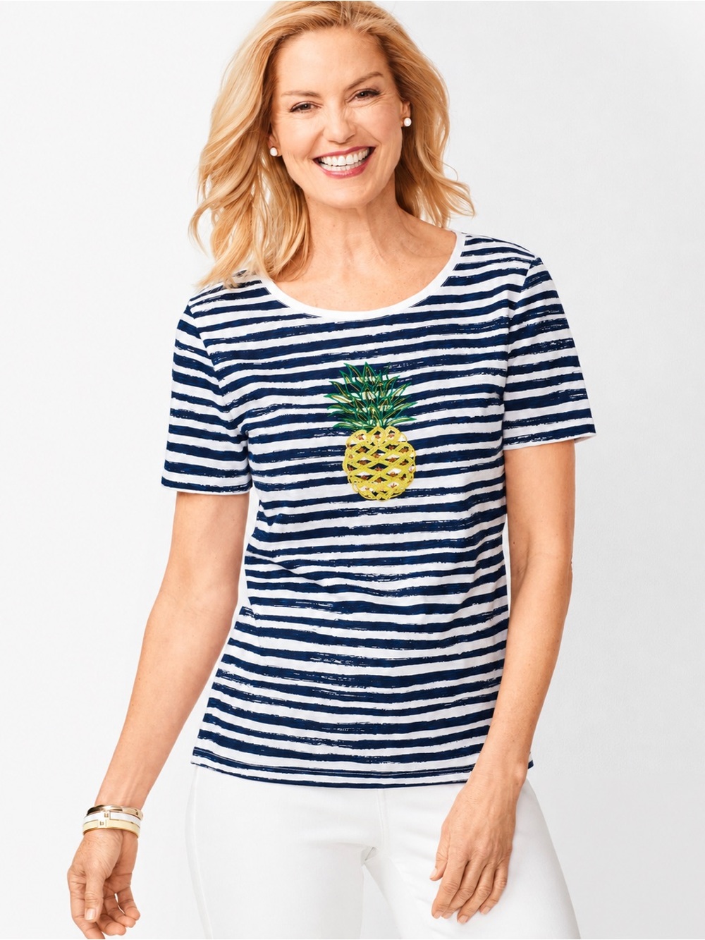 Talbots Sequined Pineapple Tee Navy White Striped Cotton Top Size L
